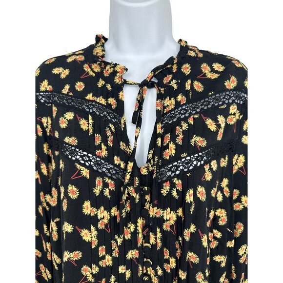 Torrid Rayon Slub Peasant Long Sleeve Top Black Yellow Daisy Flower Print Sz 1X - Picture 3 of 9